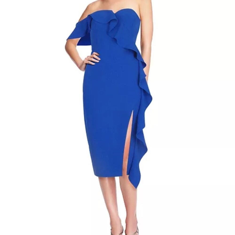 Aidan Mattox Ruffled One Shoulder Sapphire Blue Cocktail Midi Dress size 14